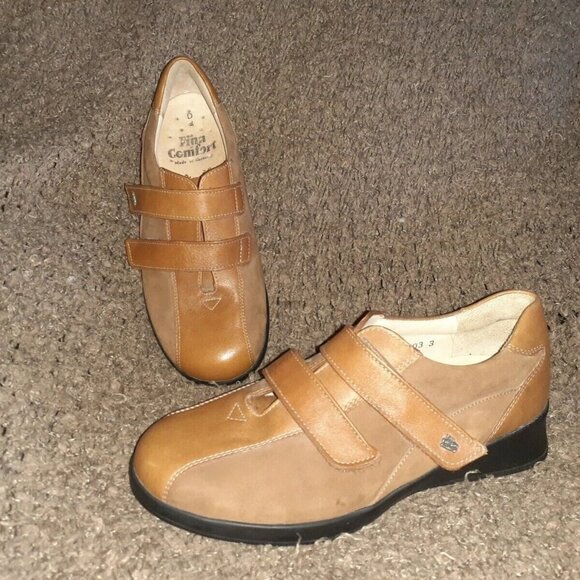FINN COMFORT-Tan Brown Leather/Nubuck Double Strap Walking Shoes-Near Mint - Picture 1 of 7